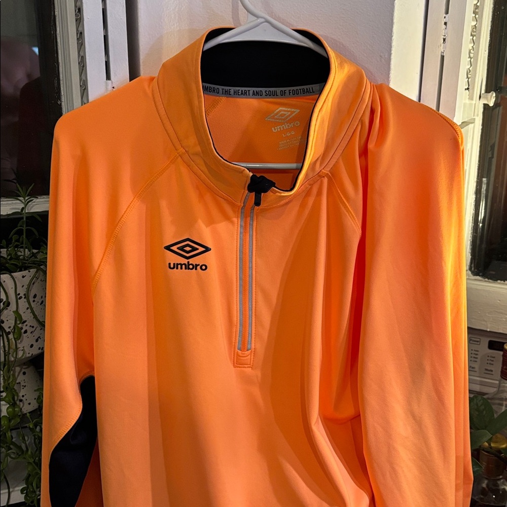 Umbro 1/4 Zip Pullover Orange Long Sleeve Jacket Soccer Jumper Warm-up Mens Sz L